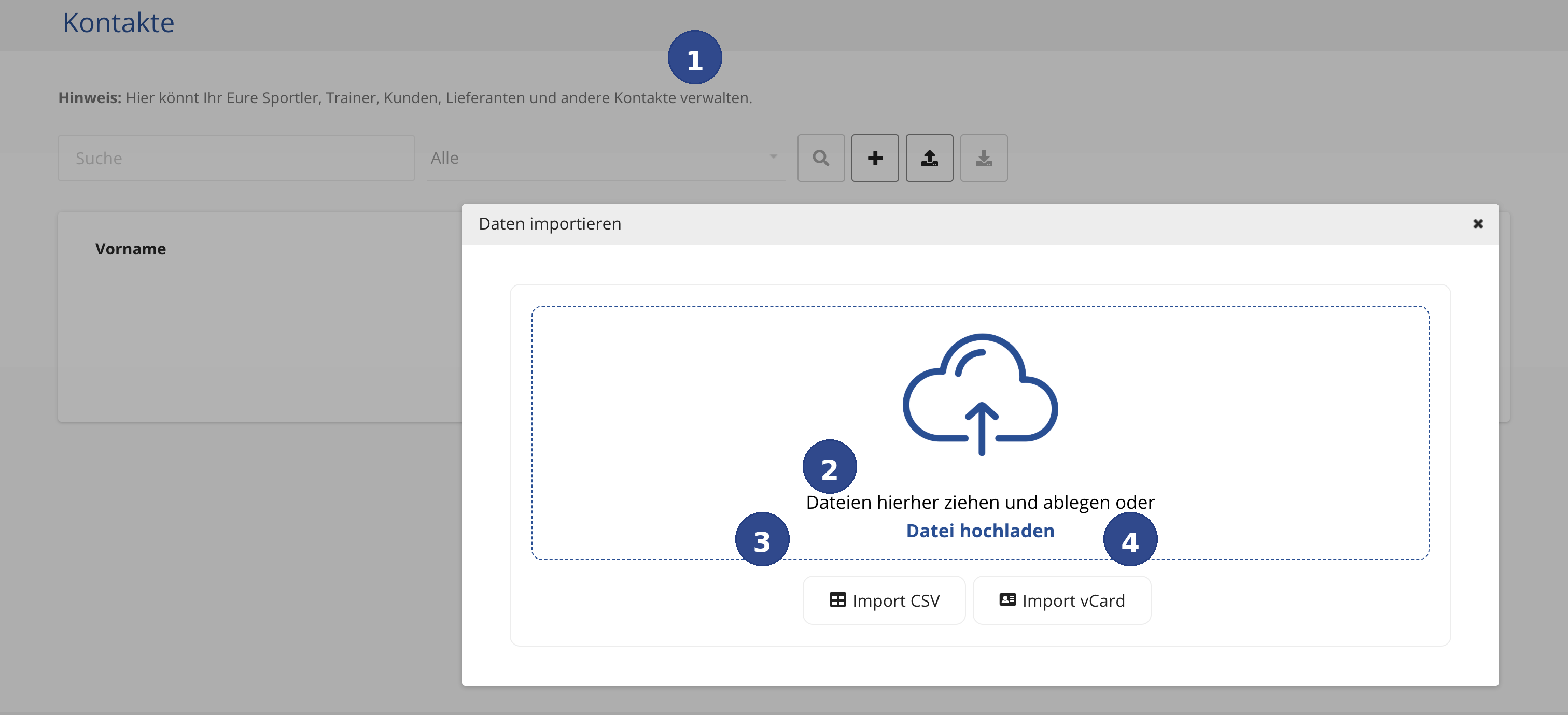 Screenshot des Import-Dialogs im spooorts Manager mit nummerierten Markierungen