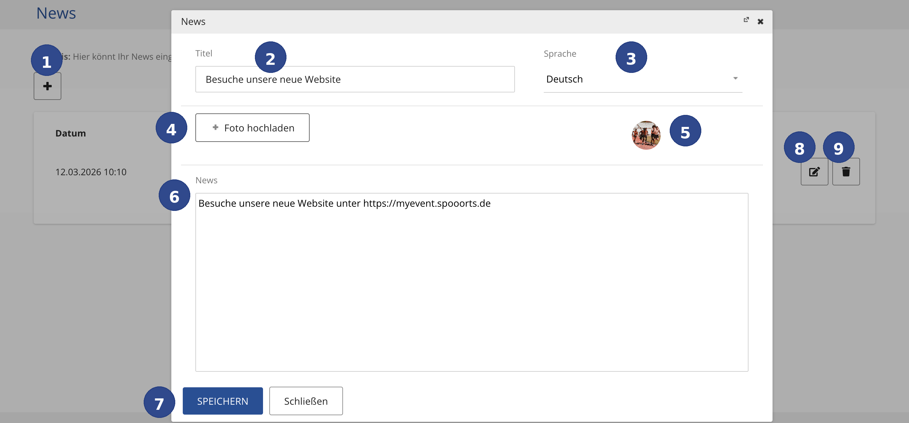 Screenshot of the news management in the spooorts Manager with callout references